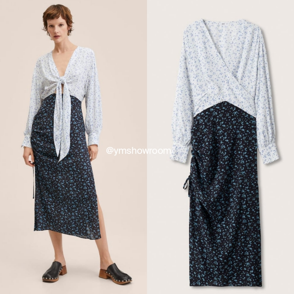 Mango Blue and White Floral Midi Dress